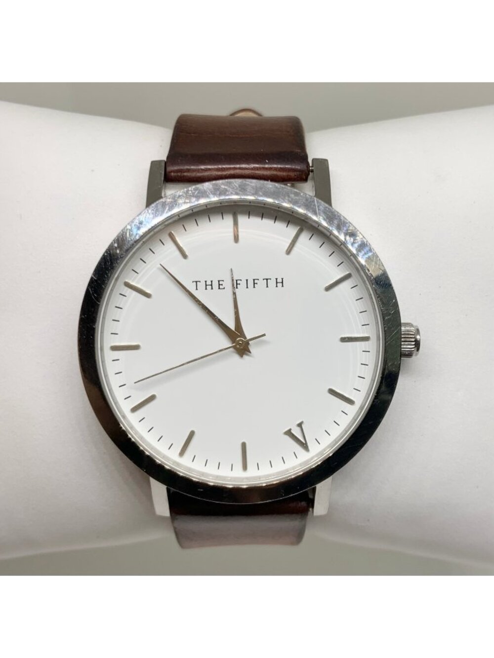 The Fifth men’s silver tone watch 43mm round brown leather dial quartz running